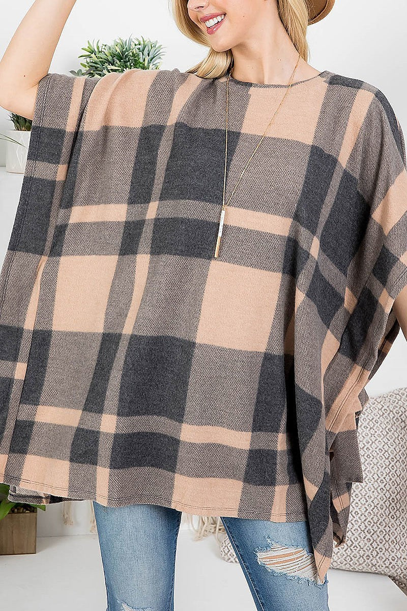 Crew neck plaid kimono poncho (EF2827)