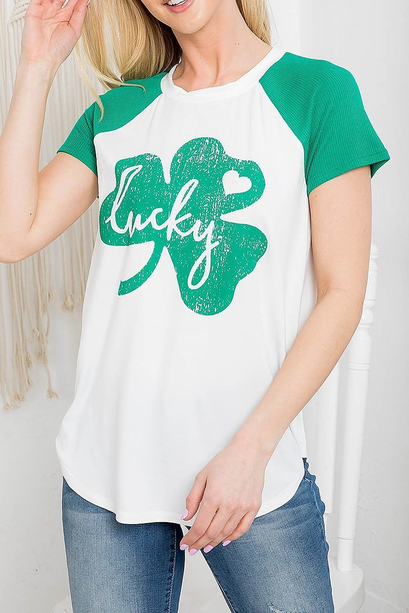 Rib sleeve clover leaf print raglan top (EF3544)