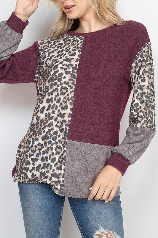 Long sleeve leopard contrast rib top (EF1967-1)