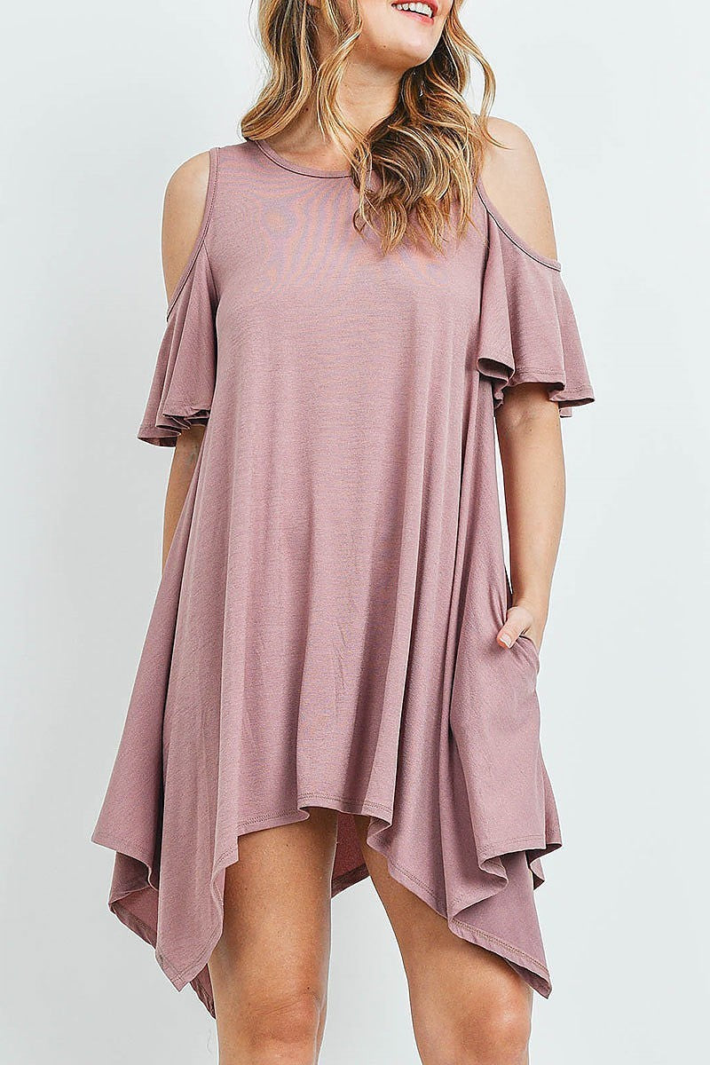 Cutout shoulder flutter sleeve shark bite hem dress (DED6052)