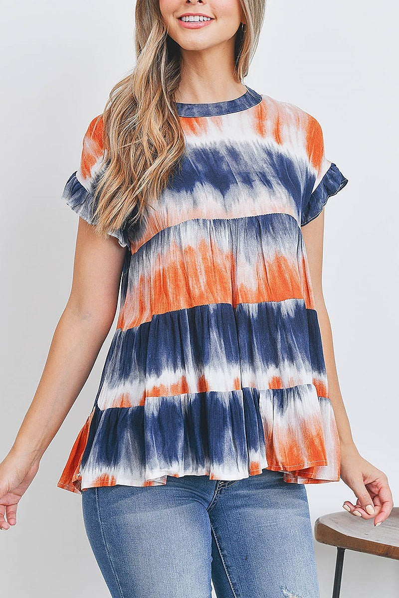 Crew neck ruffle sleeve tiered layered tie dye top (EF2635)