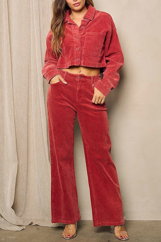 Long sleeve button up top & pants corduroy set (EFWT4876)