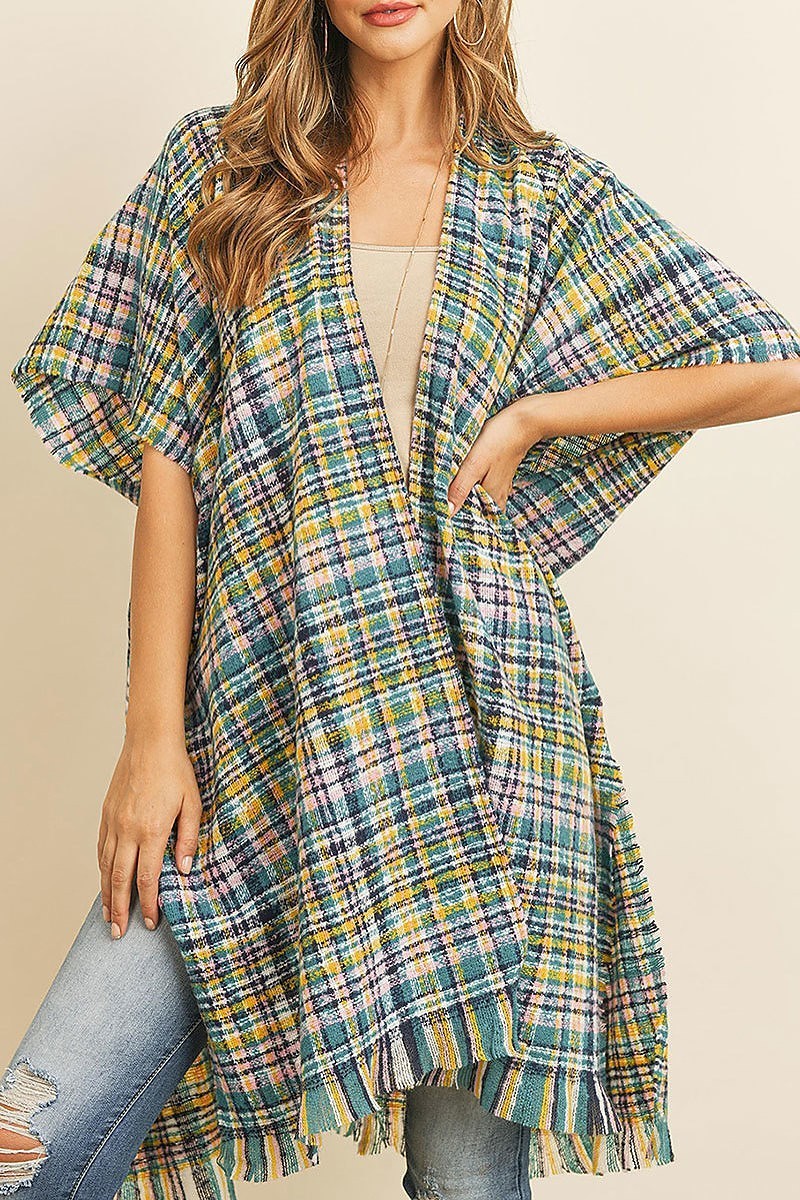 Plaid fringe detail poncho kimono (DGS4966)