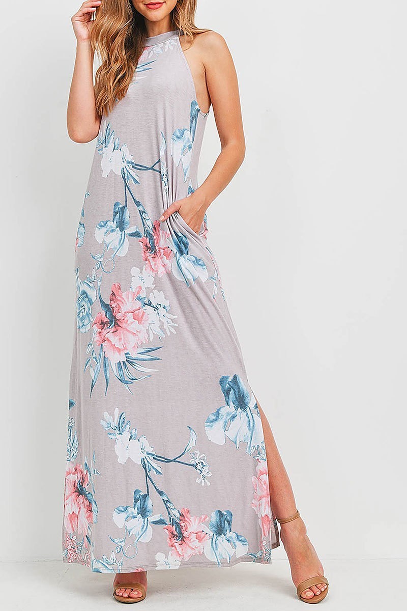 Mock neck floral print pocket maxi dress (DED6367)