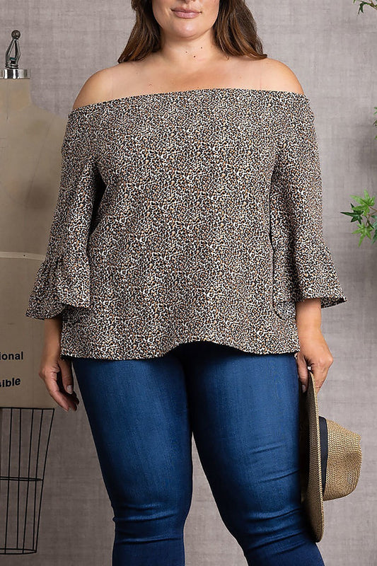 Animal off the shoulder flared sleeve plus top (EDSW3395)