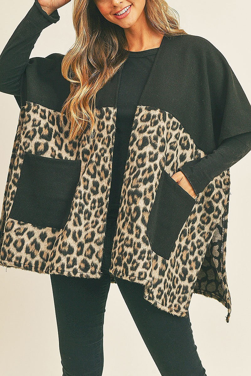 Leopard pocket detail color block kimono (DGS5737)