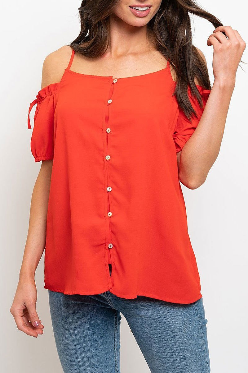 Off shoulder tie detail button front top (EDWT2253)