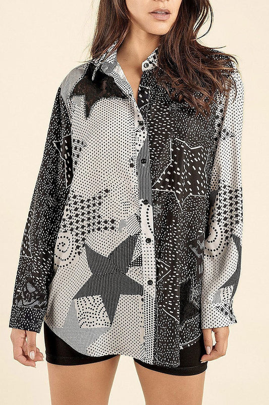 Button up studs collar printed blouse top (EFWT9209)