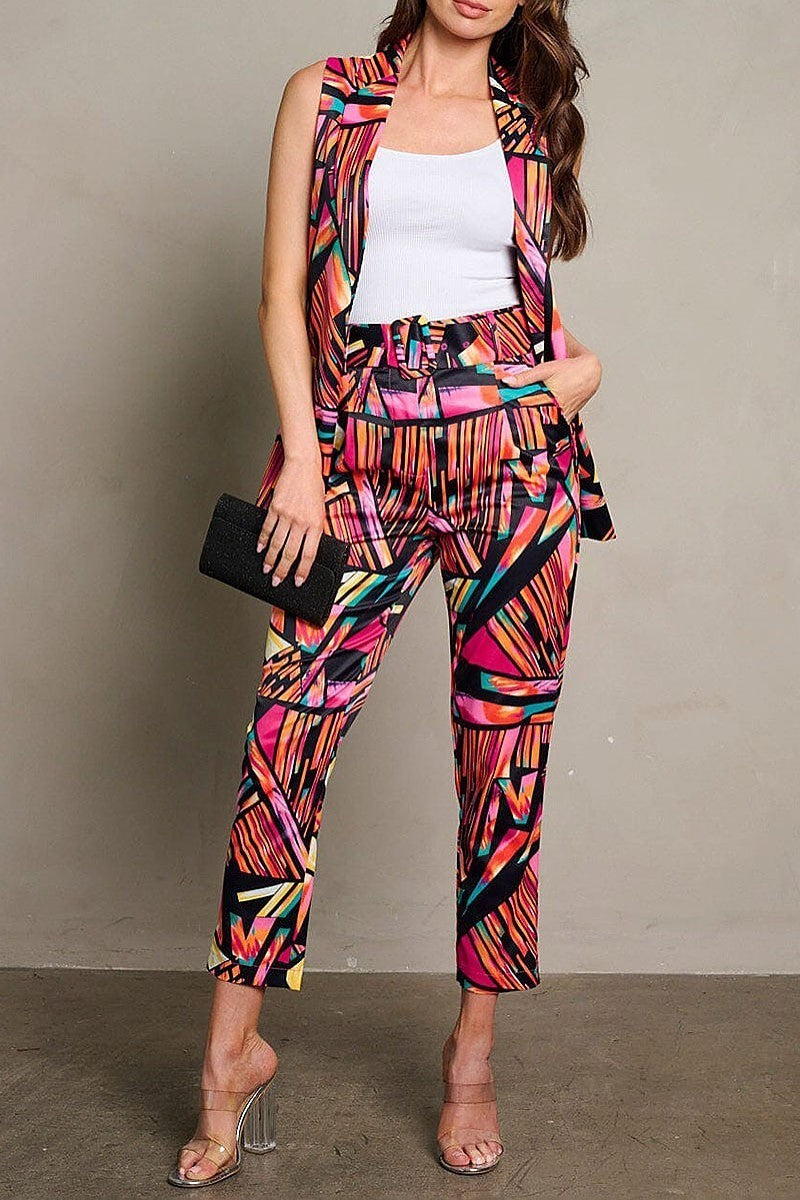 Button closure pockets belted multi print pants (EGWT2141-PANTS)