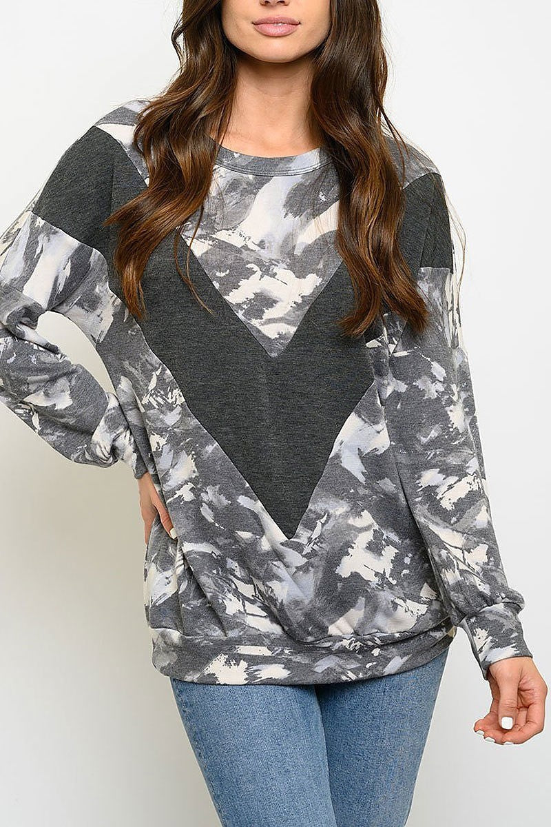 Long sleeve tie dye contrast top (EDWT3052)