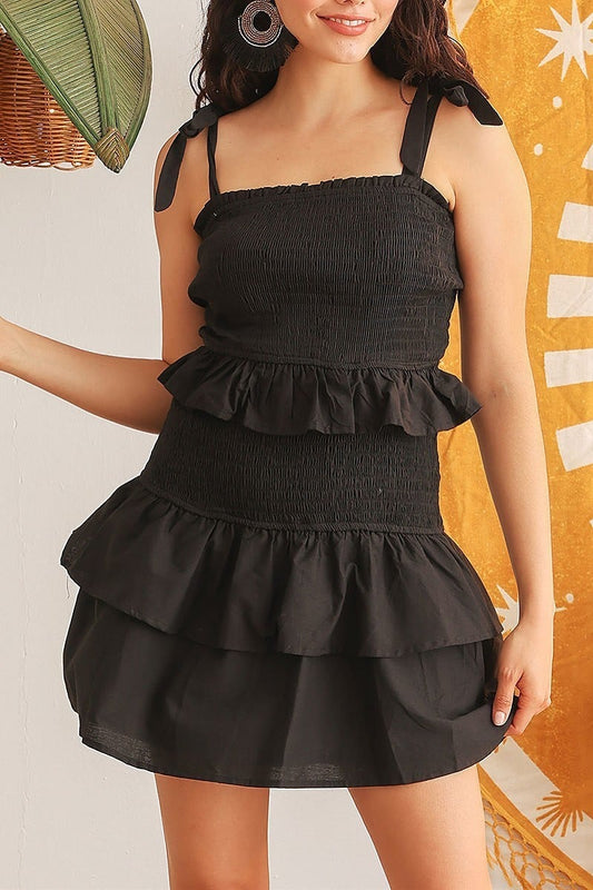 Smoked ruffle sleeveless mini dress (TED1813)