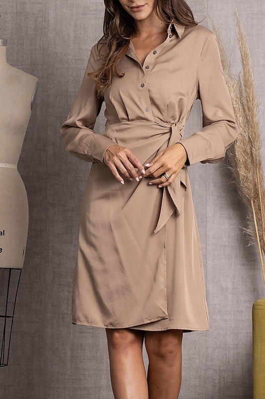 Long sleeve w/side front tie shirt midi dress (EDSW3492)