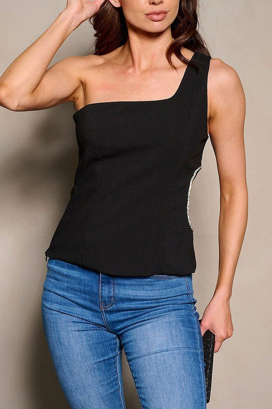 Sleeveless one shoulder side cut out top (EFWT9535)