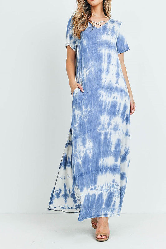 Crisscross neck tie dye maxi pocket dress (DED6216)