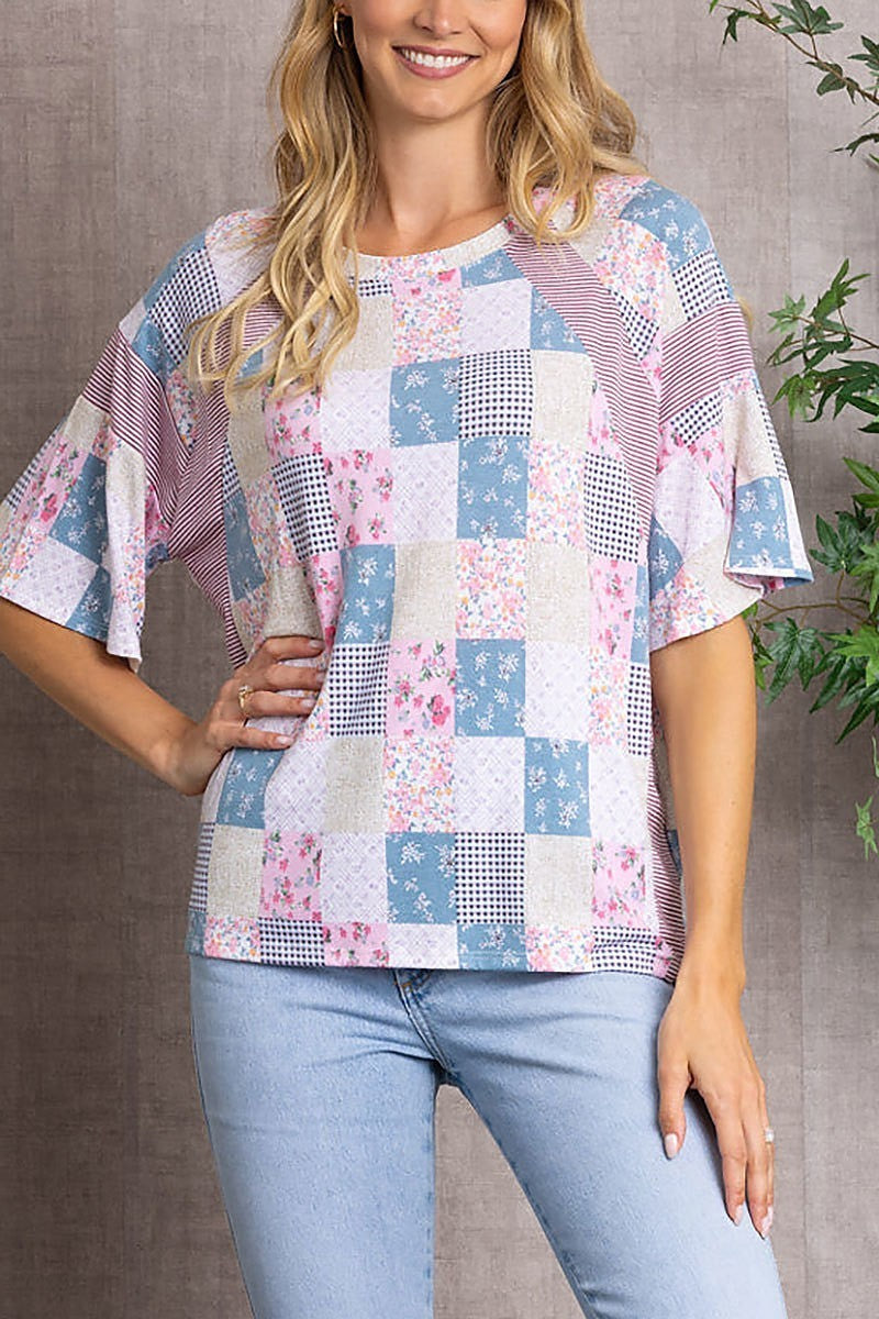 Floral striped patch work over size top (EDSW3333)