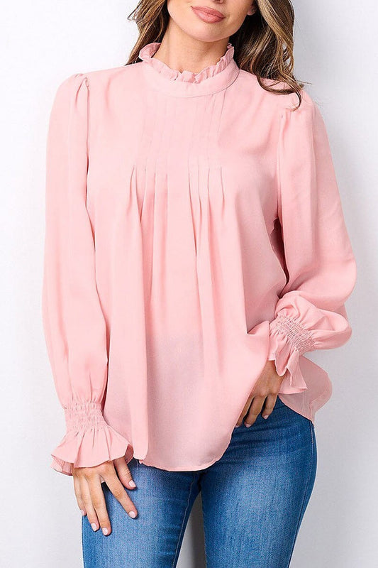 Long sleeve mock neck front detailed blouse top (EFWT7485)