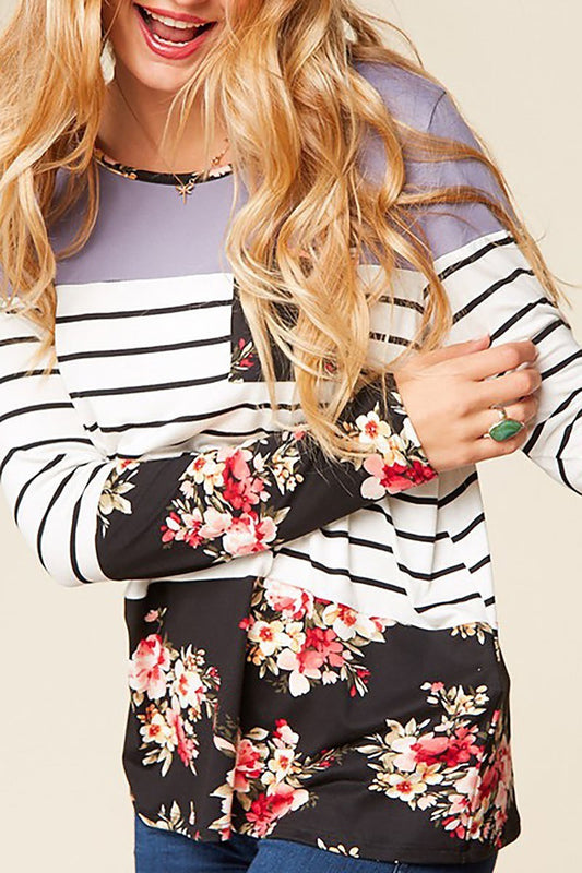 Floral print stripe color block top (EDBM3559)