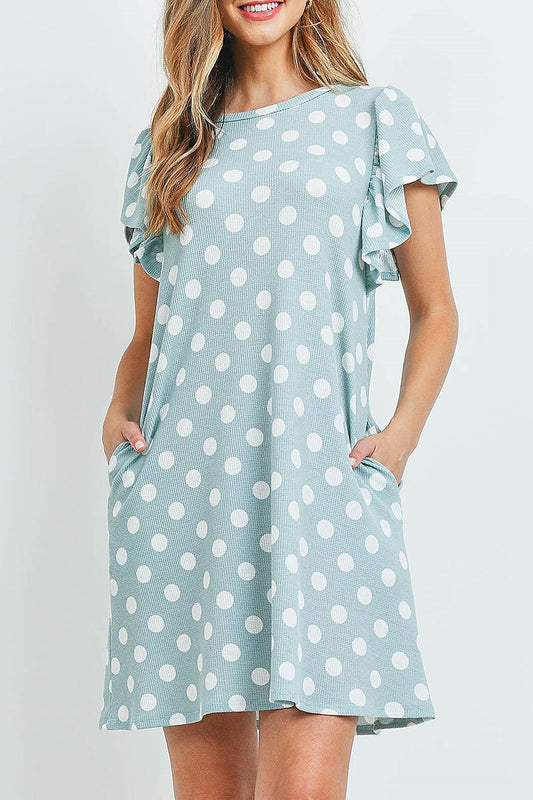 Flutter sleeve polka dot print pocket rib dress (DED6237)