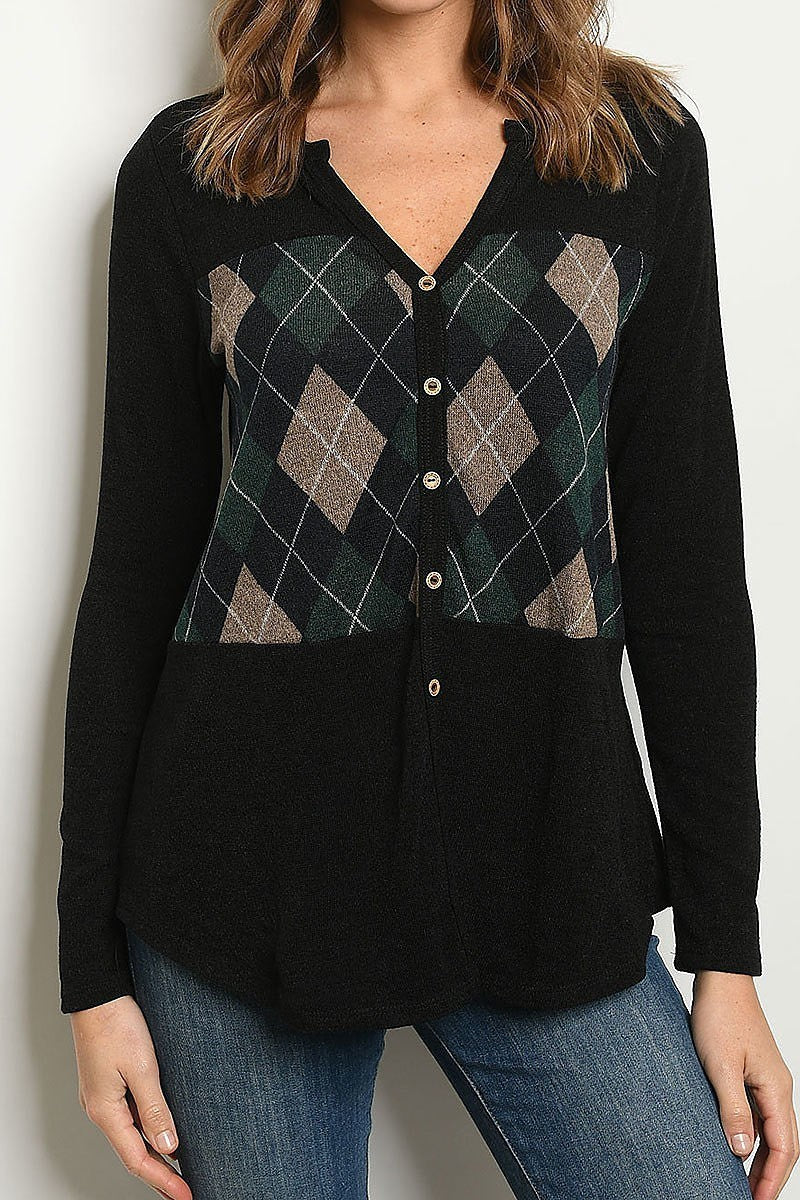 Long sleeve button down plaid color block sweater (DGS4829-2)