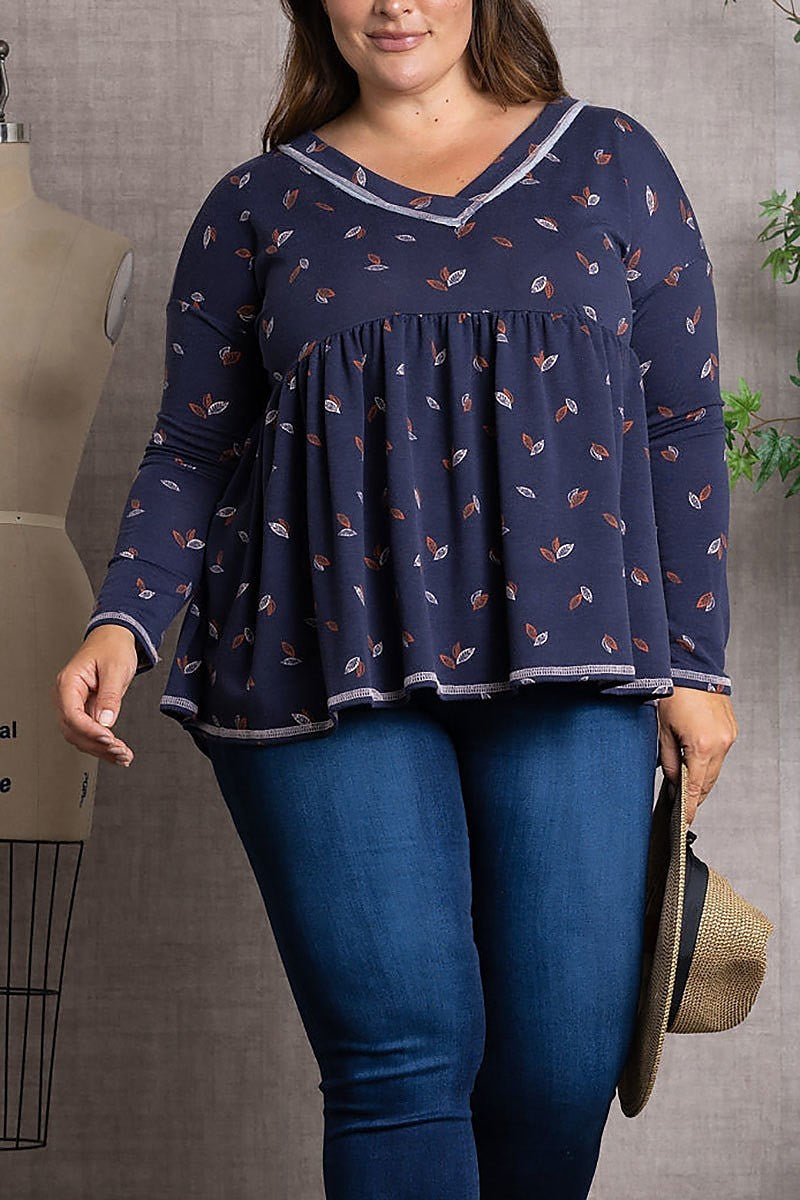 Fall leaves print baby-doll style plus size top (EDSW3399)