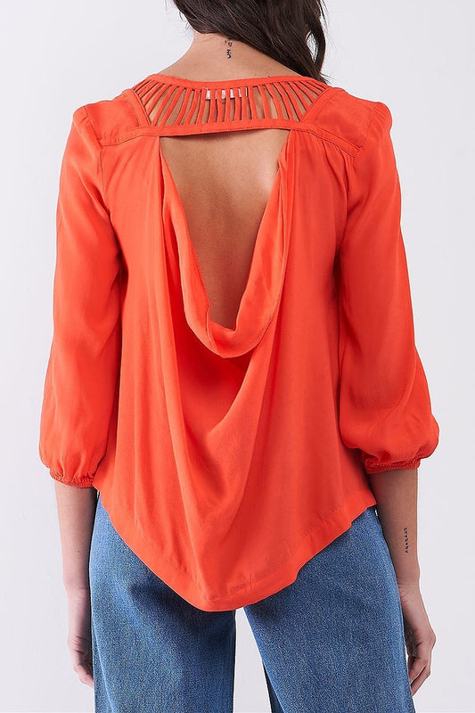 Open drape back bubble sleeve top (TDG8082)