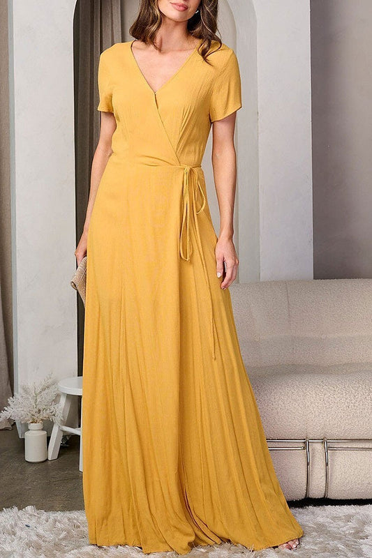 Short sleeve v-neck wrap maxi dress (EFWT9321)