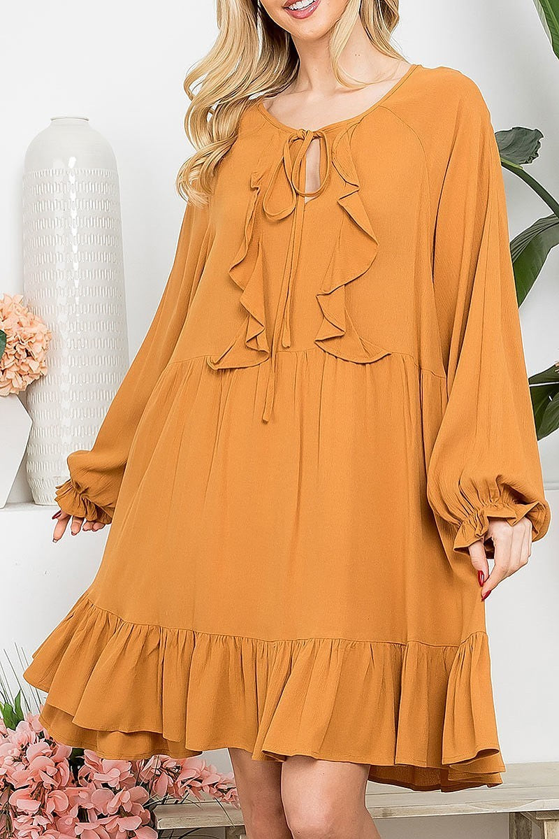 Ruffle balloon sleeve ribbon detail dress (DED8119)