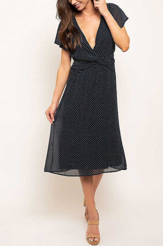 Polka dots v neck midi dress (EDWT2575)