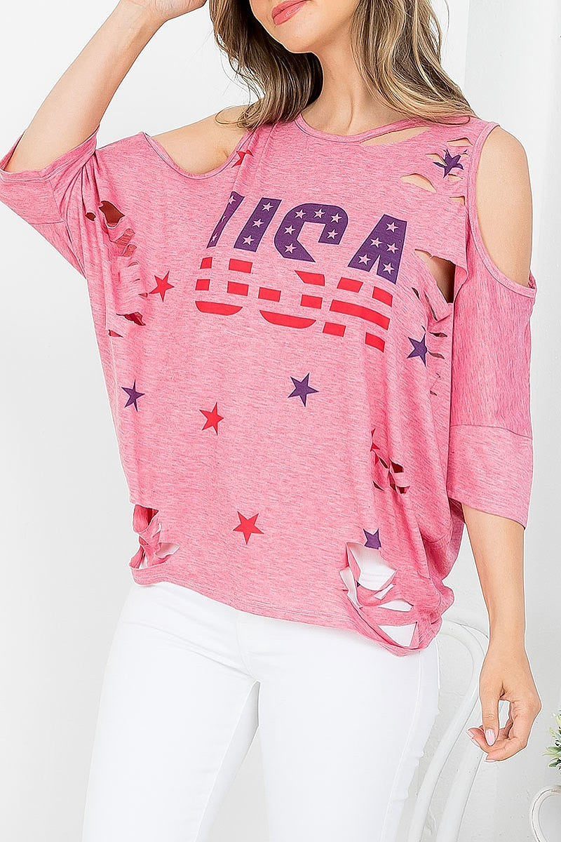 Usa star print distressed batwing top (EF3697)