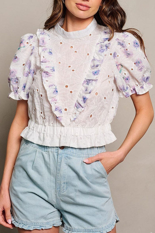 Puff sleeve mock neck floral eyelet blouse top (EGWT1665)