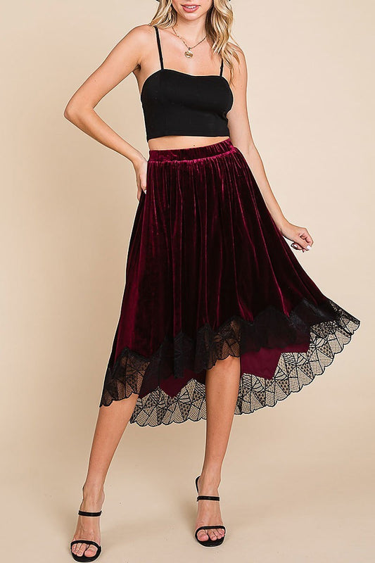 Velvet elastic waistband hi-low midi skirt w lace (EDH1827)