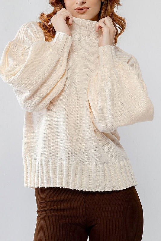 Bubble sleeve ribbed knit detail sweater (TDG9928)