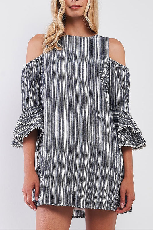 Cutout shoulder ruffle sleeve stripe mini dress (TDG8781)