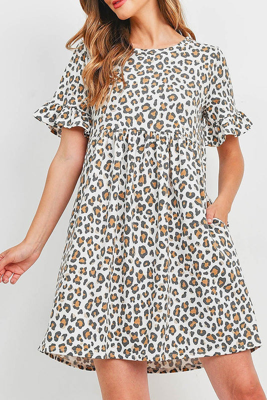 Leopard ruffle sleeve empire waist dress (DED6506)