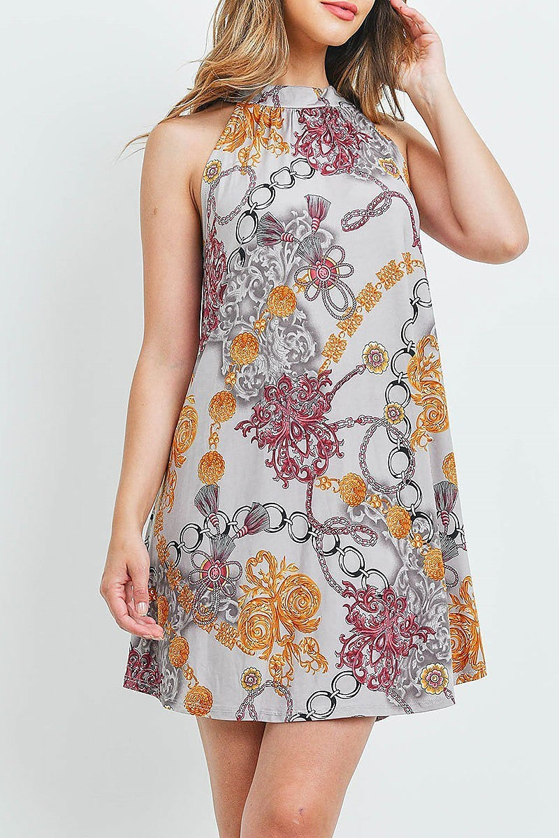 Floral chain print halter neck swing dress (DED6274)