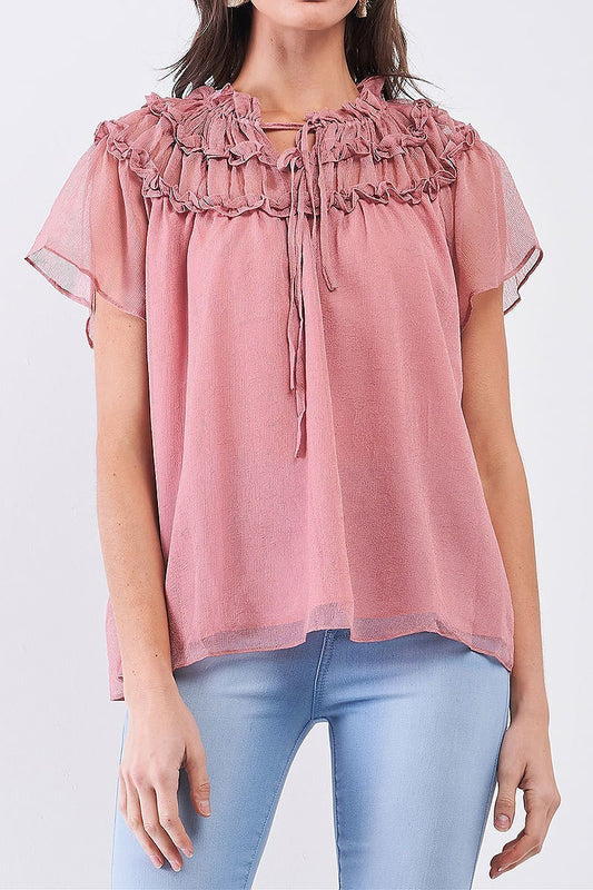 Rushed ruffle detail sheer top (TDG7937)