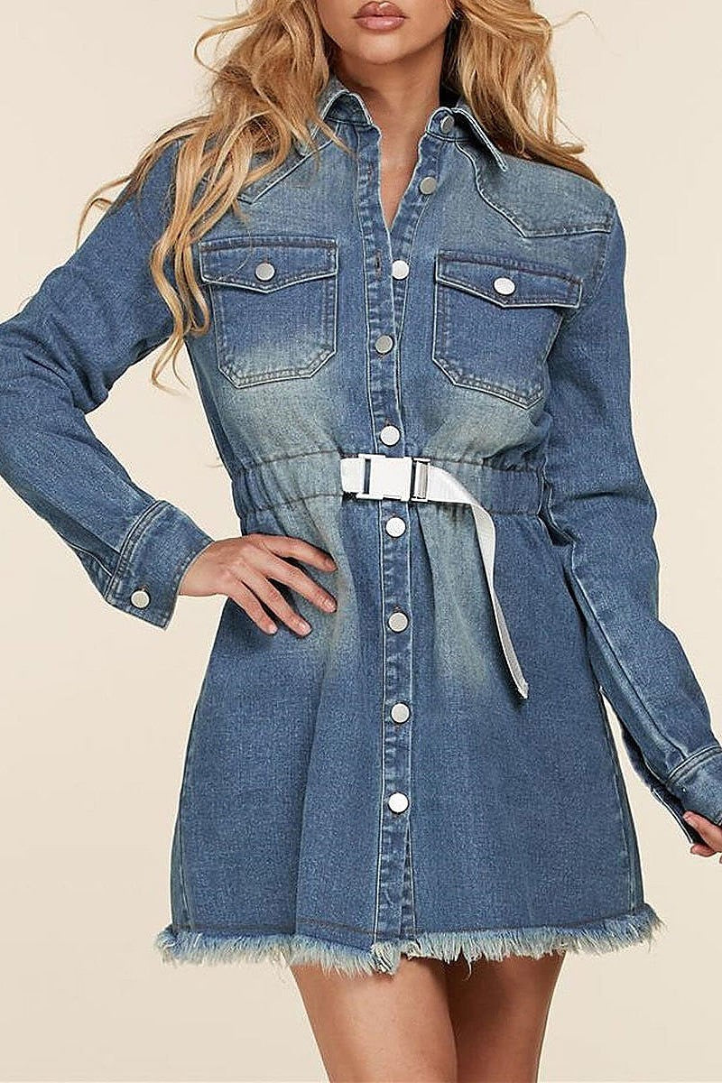 Long sleeve button up belted denim mini dress (EFWT1043)