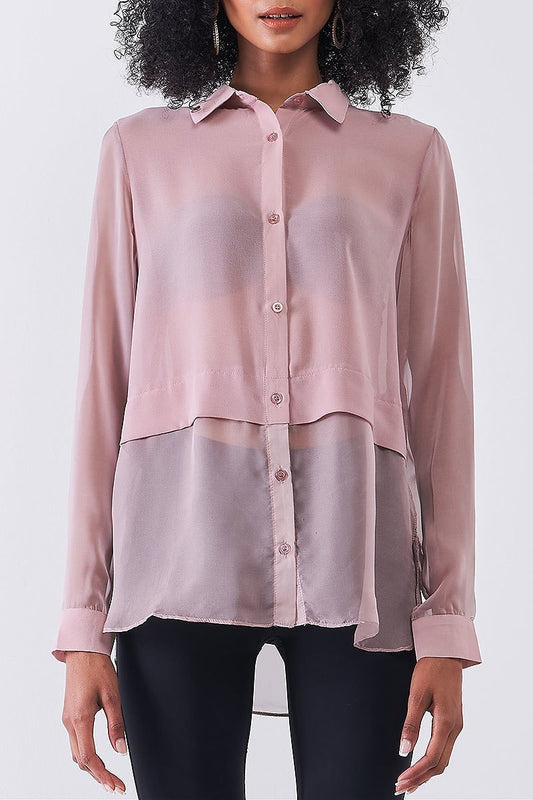 Button front sheer layered look blouse (TDG8178)