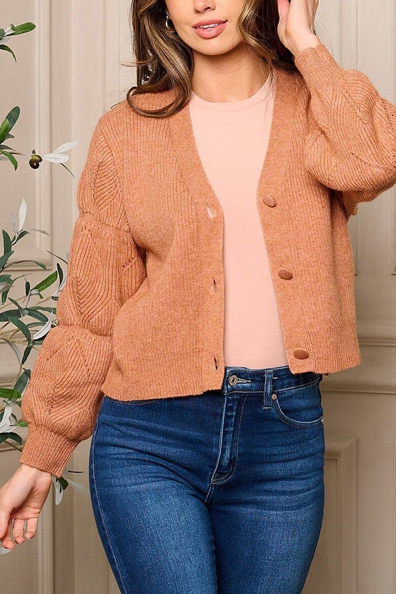 Long puff sleeve button up sweater (EFWT5379)