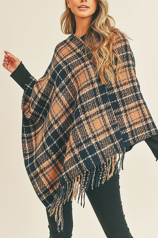 Multi plaid poncho with fringe (DGS5736)