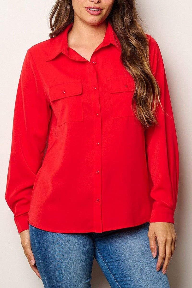 Long sleeve button up front pockets blouse top (EFWT8045)