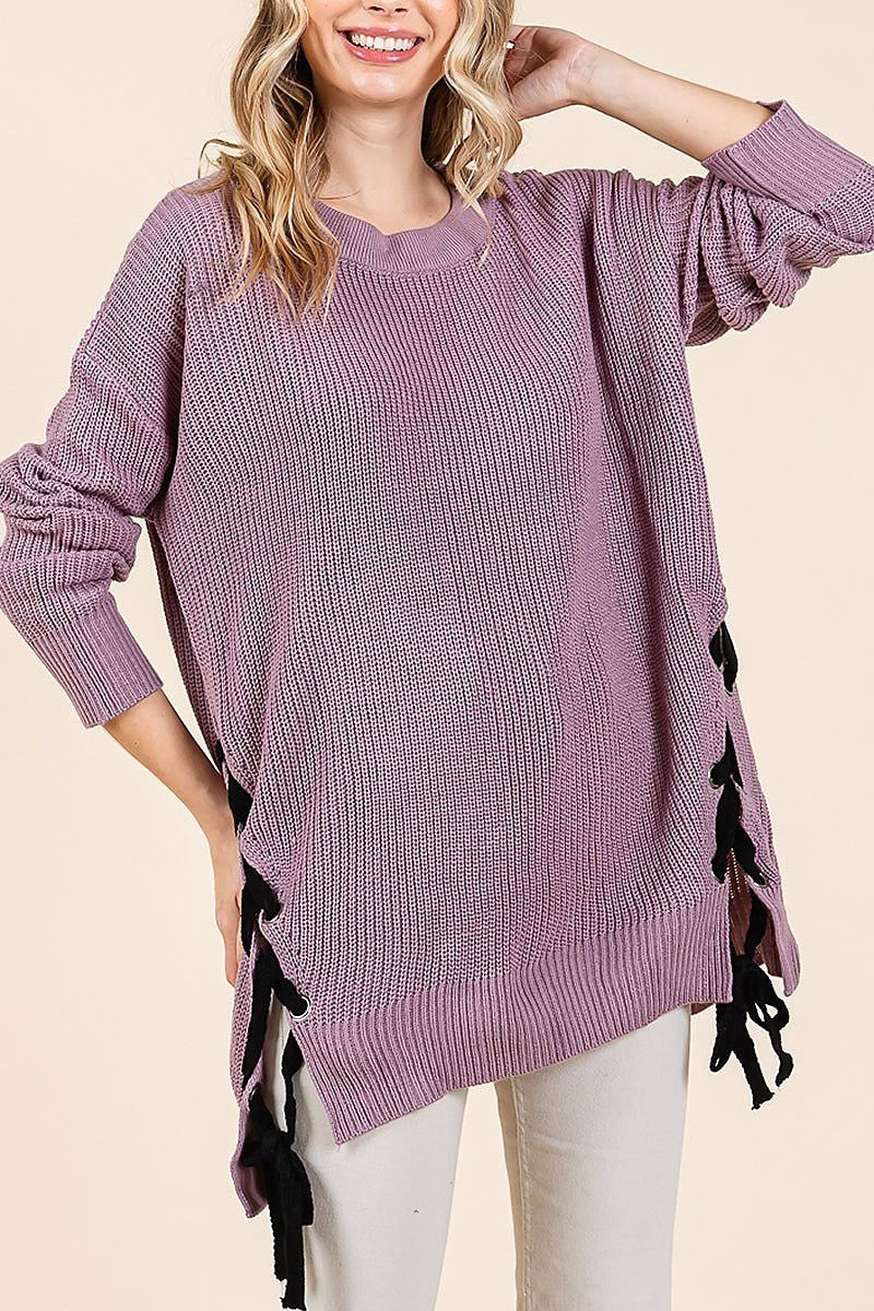 Crew neck drop shoulder sweater with lace up (EDH2127)