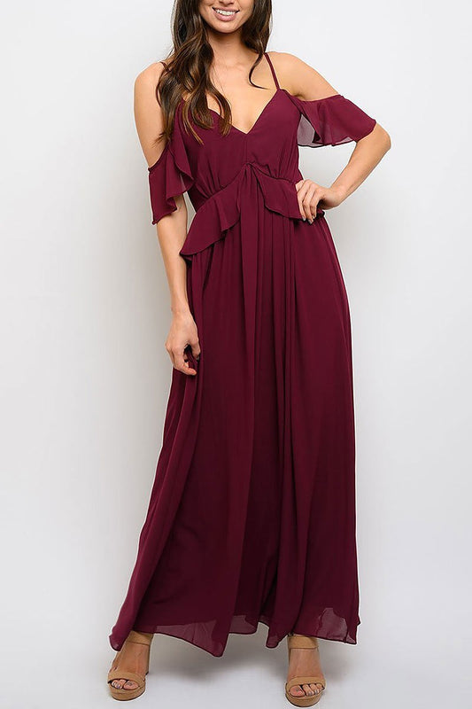 Cold shoulder ruffle maxi dress (EDWT3397)