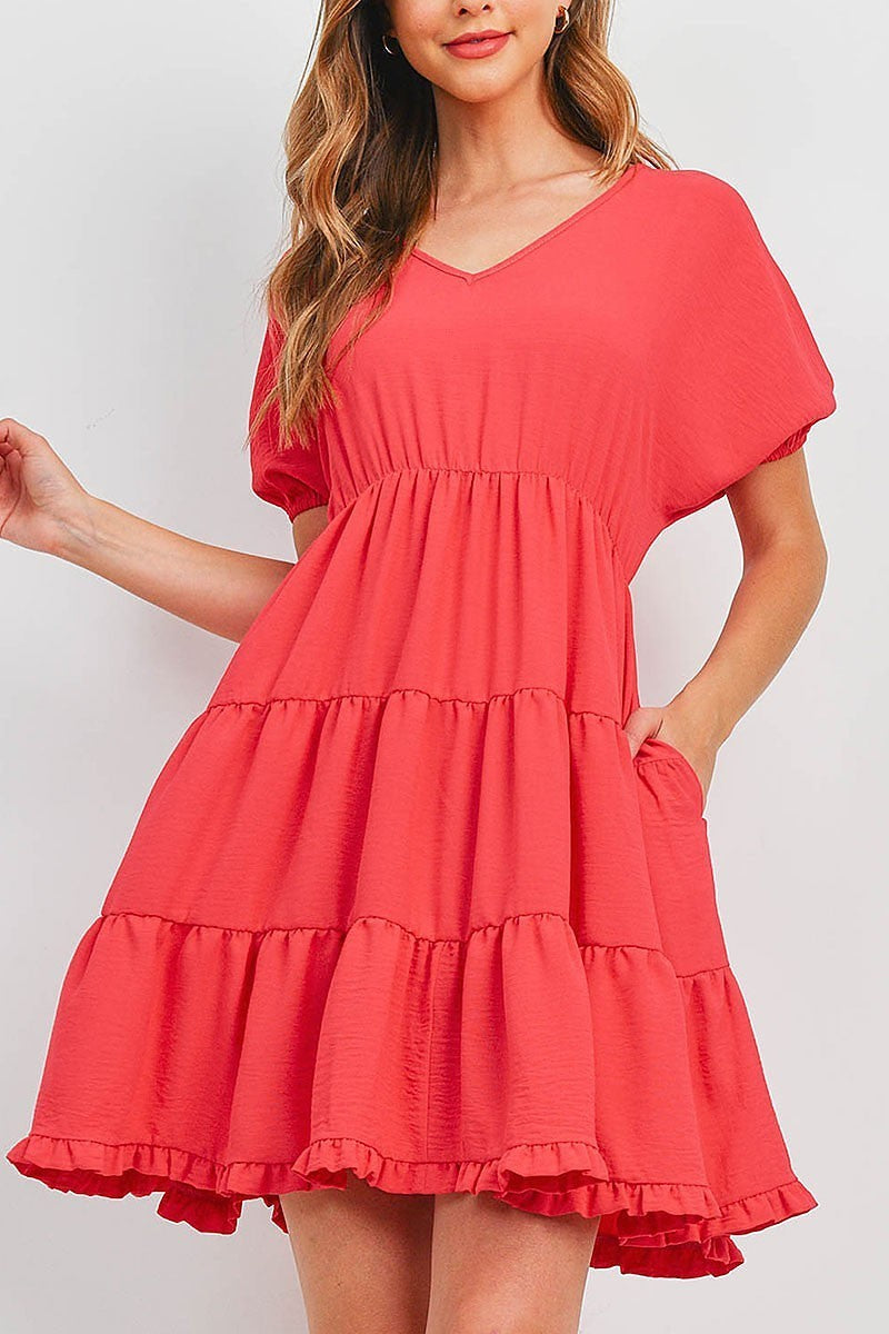 Puff sleeve v neck tiered ruffle a line dress (DED9817)