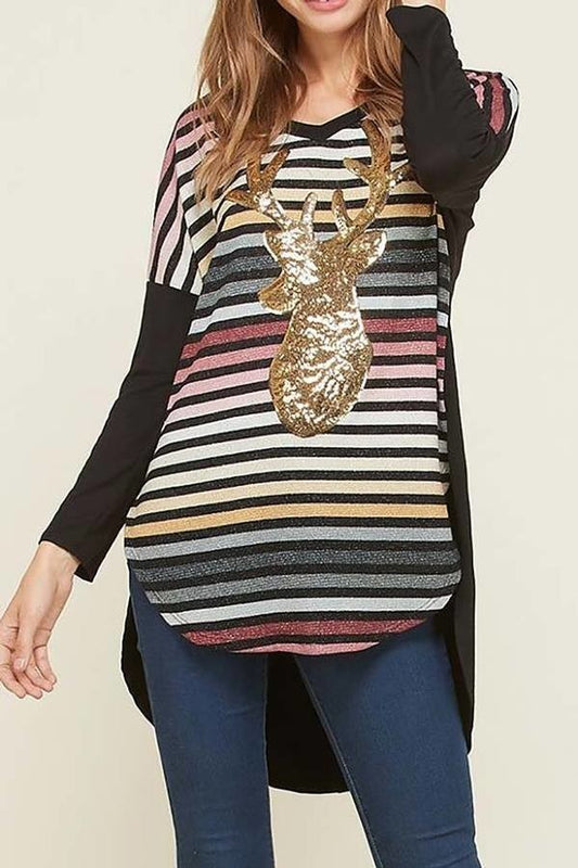 Long sleeve reindeer shimmery stripe hi lo v neck top (DGV1458-LAST)