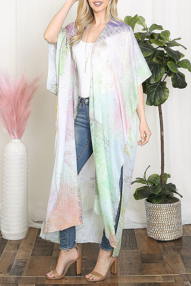 Tie dye multicolor splatter line print open front long kimono (EF5611)