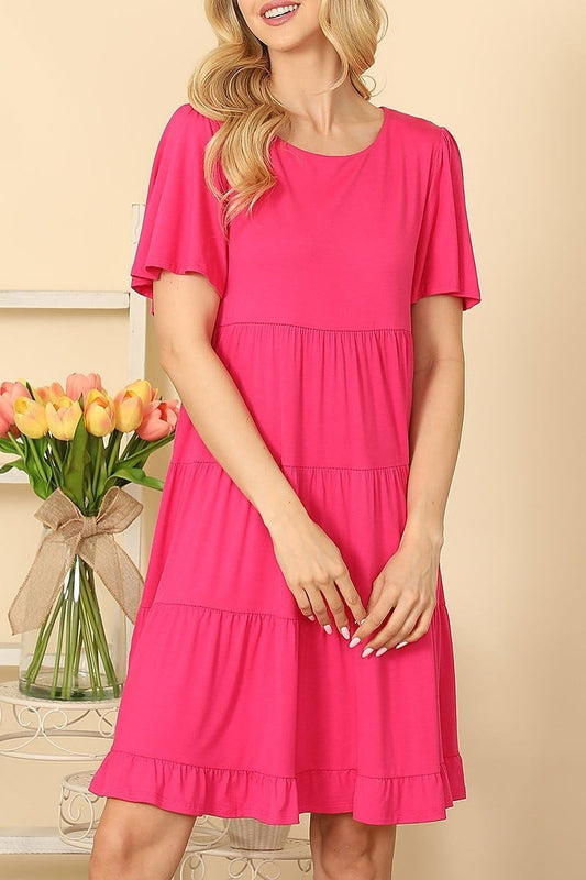 Ruffle short sleeve tiered solid dress (DED9451)