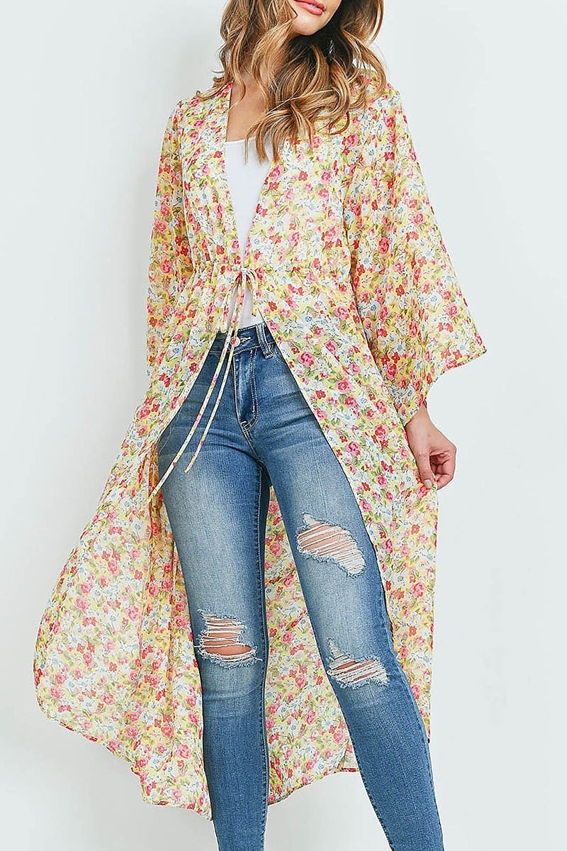 Tie front detail floral print hi lo kimono top (ED9474)