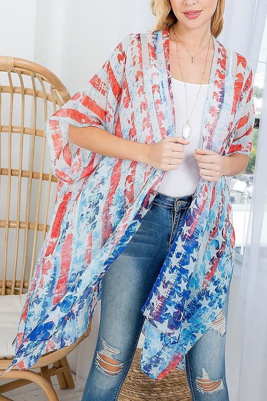 American flag open front knee length kimono (EF4363)