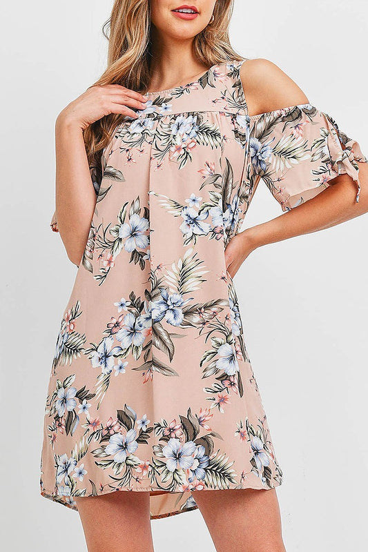 Cutout shoulder tie sleeve floral print dress (DED6703)